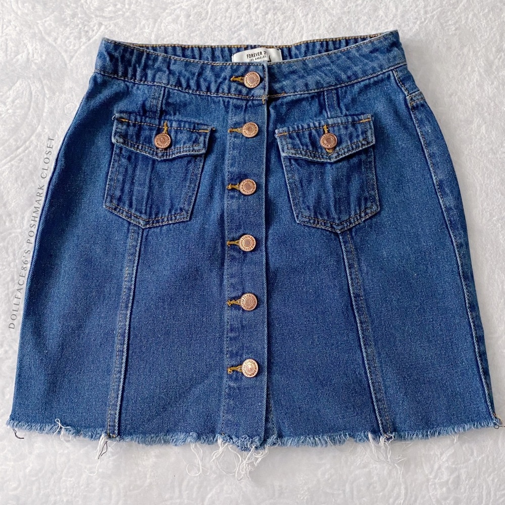 Button Down Raw Hem Jean Mini Skirt